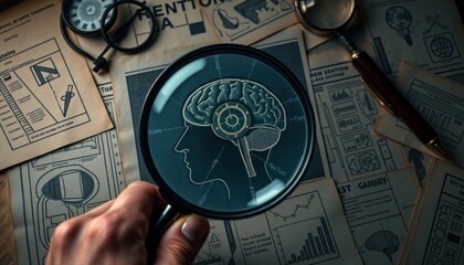 Forensic psychology techniques blueprint. Analyzing human behavior, psychology. Diagram of human brain under magnifying glass. Focus on mental health, identity. Study of human mind. Expert analysis