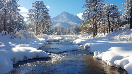 Snowy mountains and a serene river create a winter wonderland landscape in the forest
