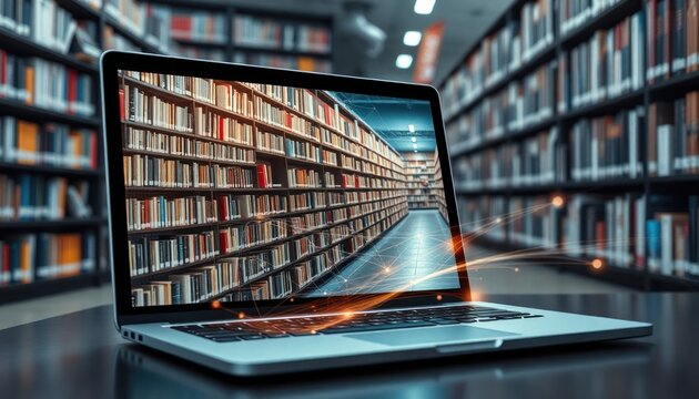 Laptop screen displays digital library with shelves full of books. E-learning concept. Online library access. Digital books accessible on computer. Education resources available online. Online