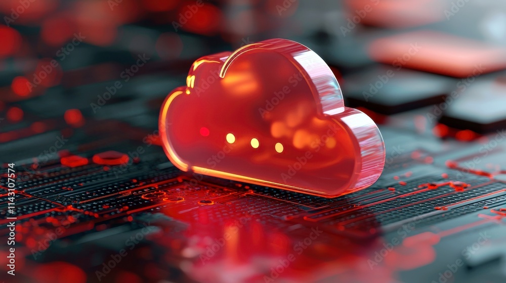 Poster glowing red cloud icon over circuit board background symbolizing cloud computing and data storage te