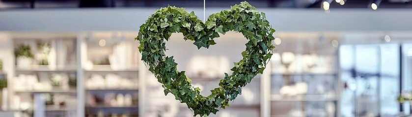 Fototapeta premium Heart-Shaped Green Ivy Wreath Hanging in Bright Indoor Space with Soft Lighting and Blurred Background