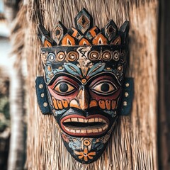 A traditional wooden mask displayed on a wall, with intricate carvings and vivid painted features, against a natural background