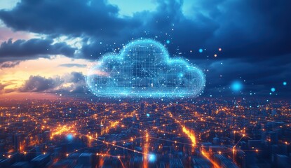 A digital cloud surrounded by glowing connections and data streams, floating above an urban landscape with buildings connected to the network below it Generative AI