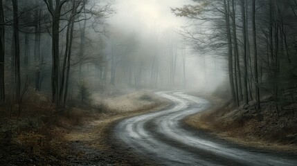 Fototapeta premium Forest road leading into misty woods, evoking a sense of mystery and adventure awaiting beyond the trees