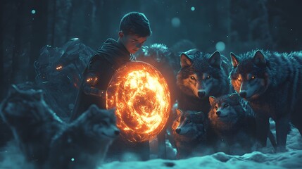 A boy superhero with a glowing shield defending a group of animals from a pack of robotic wolves.