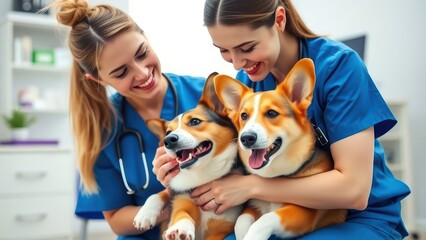 Woman carrying cute pembroke welsh corgi dog at vet hospital, lady holding her puppy and visiting clinic for regular check