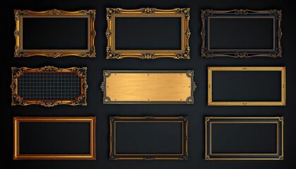 Nine golden frames on dark background. Empty golden nameplates. Mockup collection of rectangular frames with ornate gold details. Different sizes, styles. Elegant, luxurious look. Suitable for art