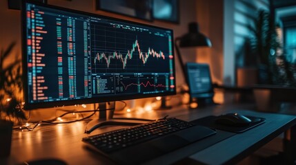 Fototapeta premium Forex trading screens lit up in dark room with intense focus