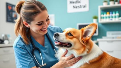 Woman carrying cute pembroke welsh corgi dog at vet hospital, lady holding her puppy and visiting clinic for regular check