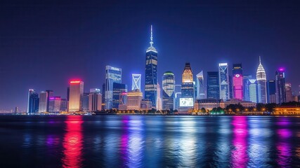 Fototapeta premium Vibrant city skyline illuminated at night reflecting on calm water, modern architecture, bright lights, reflection, skyline, night