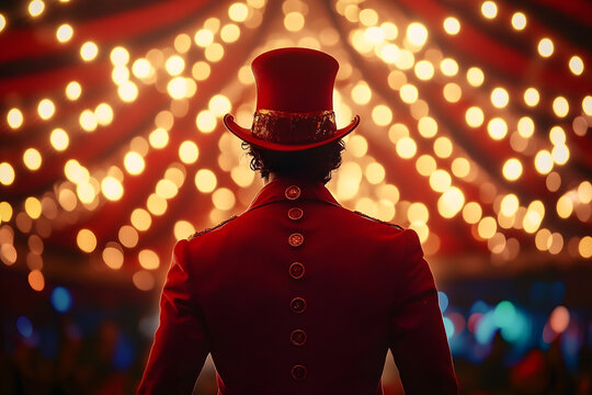 Back view of a circus ringmaster in a red coat under bright festive lights. Ideal for entertainment, event promotions, and vintage circus-themed content.