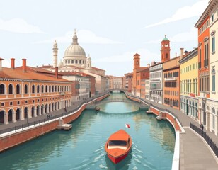 Scenic canal view in Venice Italy. Colorful buildings line the waterway. A small orange boat floats peacefully on the water. Sky is a pale blue. People walk along the canal side.