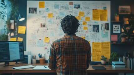 Freelancer brainstorming ideas on whiteboard in home office