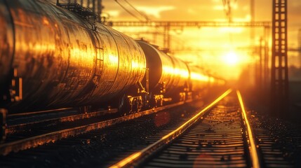 Obraz premium Freight train at sunset, with warm light illuminating the metal surfaces and creating shadows