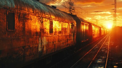 Obraz premium Freight train at sunset, with warm light illuminating the metal surfaces and creating shadows