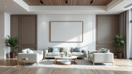 A spacious living room with a modern wall art mockup design, furniture, contemporary