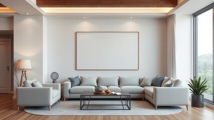 Fototapeta premium Empty living room with a blank wall art mockup, perfect for showcasing your own art or photography, apartment, design