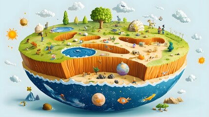 A child-friendly Earth cross-section with cartoon-style features and labels.