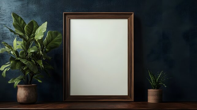 Frame on cabinet in living room interior on dark wall background