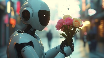 A futuristic humanoid robot tenderly holding a bouquet of vibrant flowers on a brightly lit street, blending technology and human emotion. AI generated.