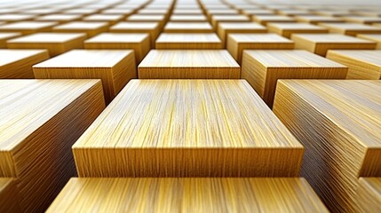 Abstract background of stacked golden wooden cubes. Perspective view of many light golden wood...