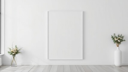 A modern and minimalist wall art mockup featuring a blank canvas against a clean and empty background, empty, clean