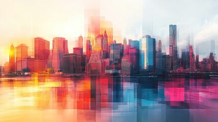 Fototapeta premium Geometric grid design overlaid on a cityscape, blending urban and abstract elements.