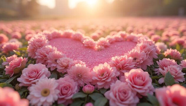 Paisaje de San Valent&iacute;n para parejas con flores rosas formando un coraz&oacute;n. Para fondo, tarjeta, felicitaci&oacute;n, anuncio, marketing...