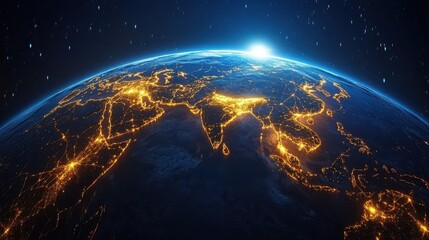 Obraz premium Globe with glowing lines connecting major points, symbolizing global networks