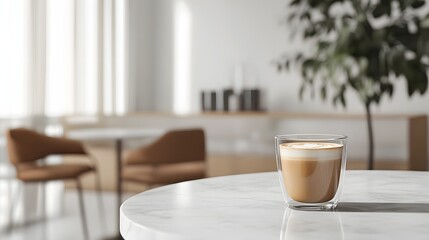 Obraz premium A cortado served in a glass cup on a marble table minimalist interior in the back.
