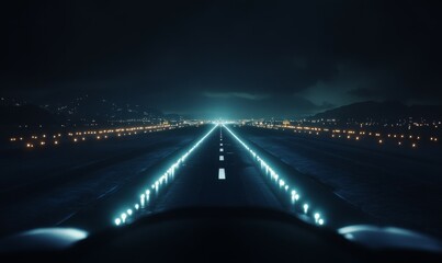 A nighttime landing from the perspective of a cockpit approaching a runway. The runway lights should be vividly illuminated, with white centerline lights guiding the path