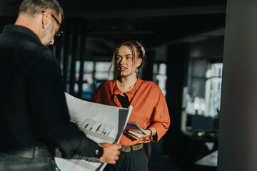 Two business people engage in a discussion over architectural plans in a modern, well-lit office...
