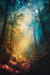Magical forest path, glowing, starry night.