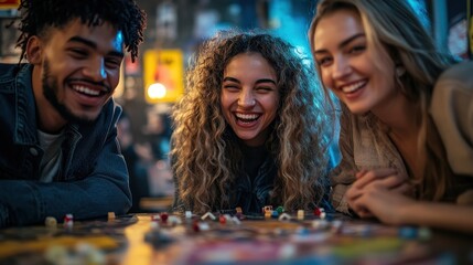 Fototapeta premium Group of friends laughing and enjoying a board game night, surrounded by snacks and drinks.