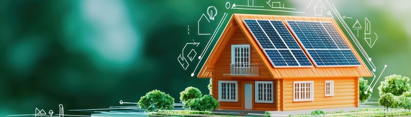 Fototapeta premium small house with solar panels surrounded by greenery, symbolizing sustainability and eco friendliness