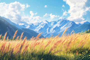 Fototapeta premium Majestic mountains rise above golden grasslands under a vibrant sky filled with clouds