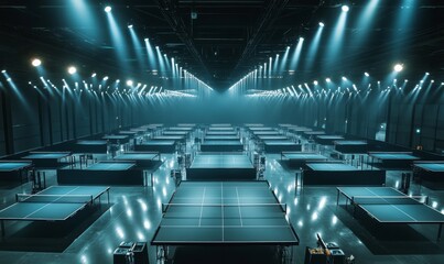 Obraz premium A top-down view of an indoor stadium featuring multiple ping pong tables arranged in precise rows, each with a taut net in the center.