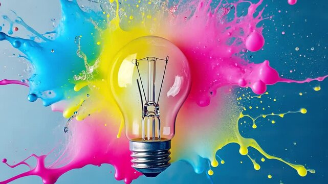 Bright Idea Explosion: A lightbulb explodes with vibrant CMYK paint, symbolizing creativity, innovation, and groundbreaking ideas.  