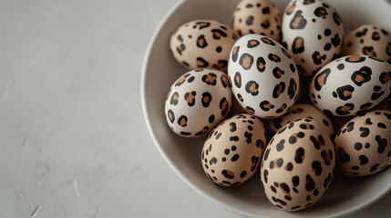 Photo of festive Easter eggs painted in leopard print, lying on a white plate