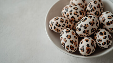 Photo of festive Easter eggs painted in leopard print, lying on a white plate