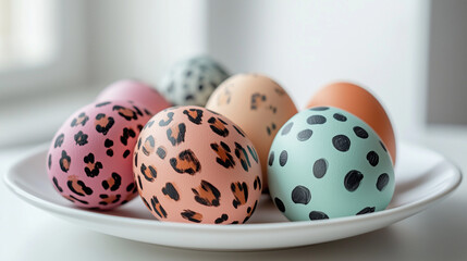 Photo of festive colorful Easter eggs painted in leopard and zebra print, lying on a white plate