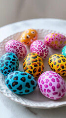 Photo of festive colorful Easter eggs painted in leopard and zebra print, lying on a white plate