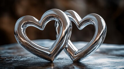 Two intertwined silver hearts on dark background.
