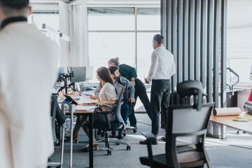 A group of diverse employees engage in a collaborative work session in a modern open plan office, fostering teamwork and productivity.
