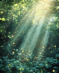 Obraz premium Sunlight filters through trees creating a magical atmosphere in a forest filled with glowing particles at dusk
