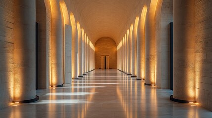 Obraz premium Long, illuminated hallway with arched ceilings and columns.