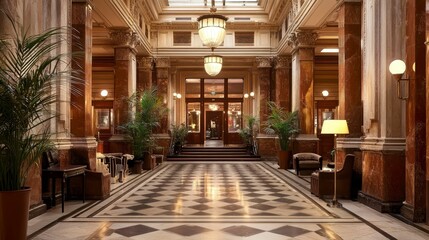 Fototapeta premium Ornate lobby, marble floor, classical columns, plants.
