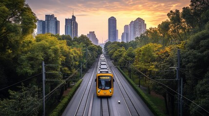 Fototapeta premium City tram at sunrise, travelling through a tree-lined avenue towards skyscrapers.