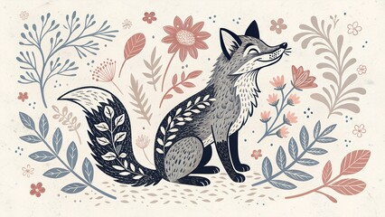 Stylized fox sitting happily, surrounded by leaves and flowers, featuring intricate linocut-inspired details and a vintage color palette in folk art style.