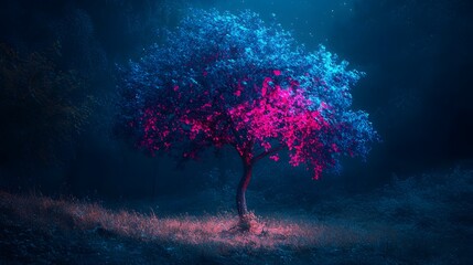 A fantasy-inspired tree with neon blue magenta and teal leaves glowing in a moonlit forest.